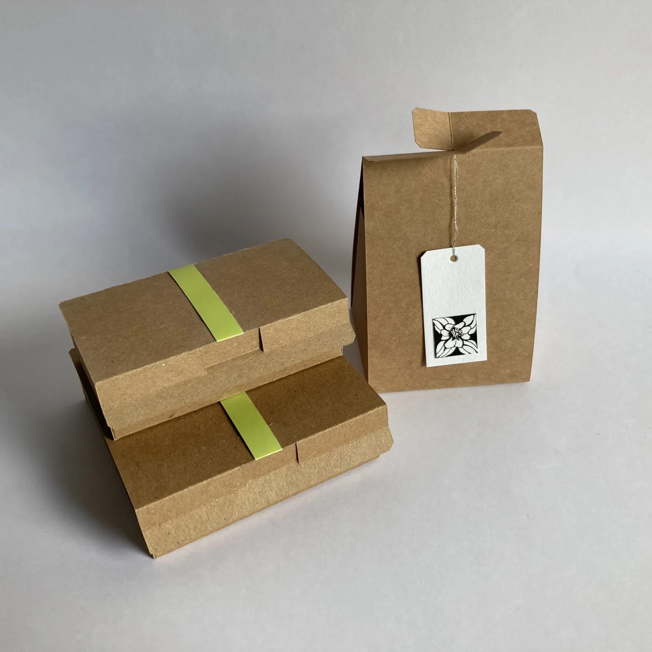 Quadratische und horizontale Basicverpackung und stehende Verpackung mit Minianhänger und eigener Grafik